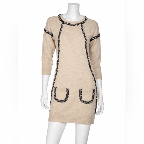 SEE BY CHLOÈ Wool Knit Dress Mini Jumper Pockets Tan Black White Sparkle XS S - Picture 2 of 11